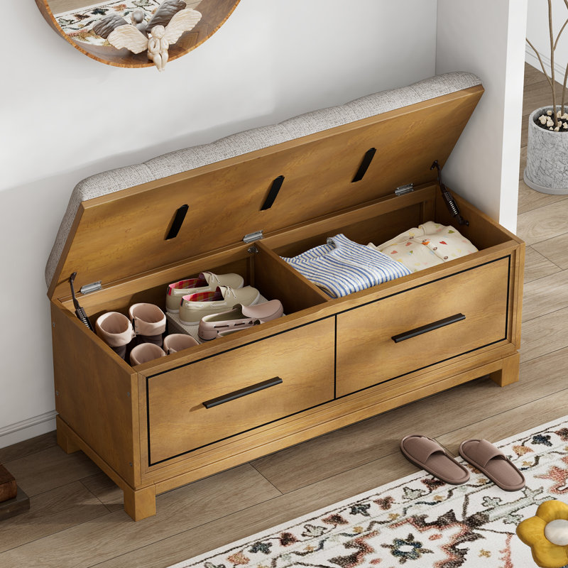 Banc à chaussures en bois avec coussin amovible et rangement caché, Naturel