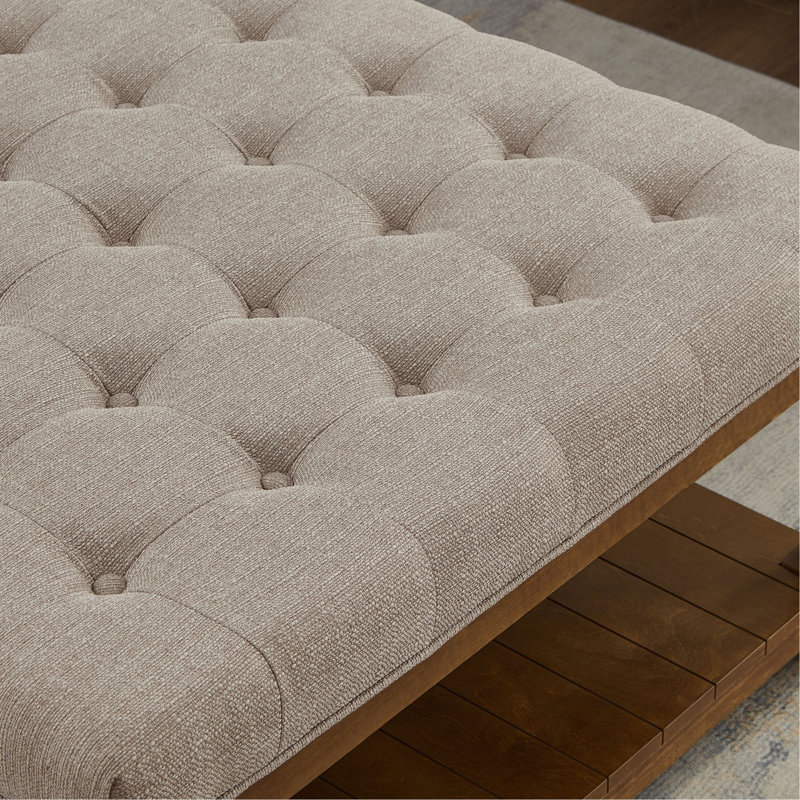 Grande table basse carrée avec repose-pieds en lin capitonné et grand repose-pieds avec tablette en bois massif, Lin, Brun