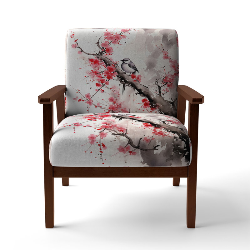Japan Garden Bird On Tree - Upholstered Japanese Accent Arm Chair, Brown Square Arms