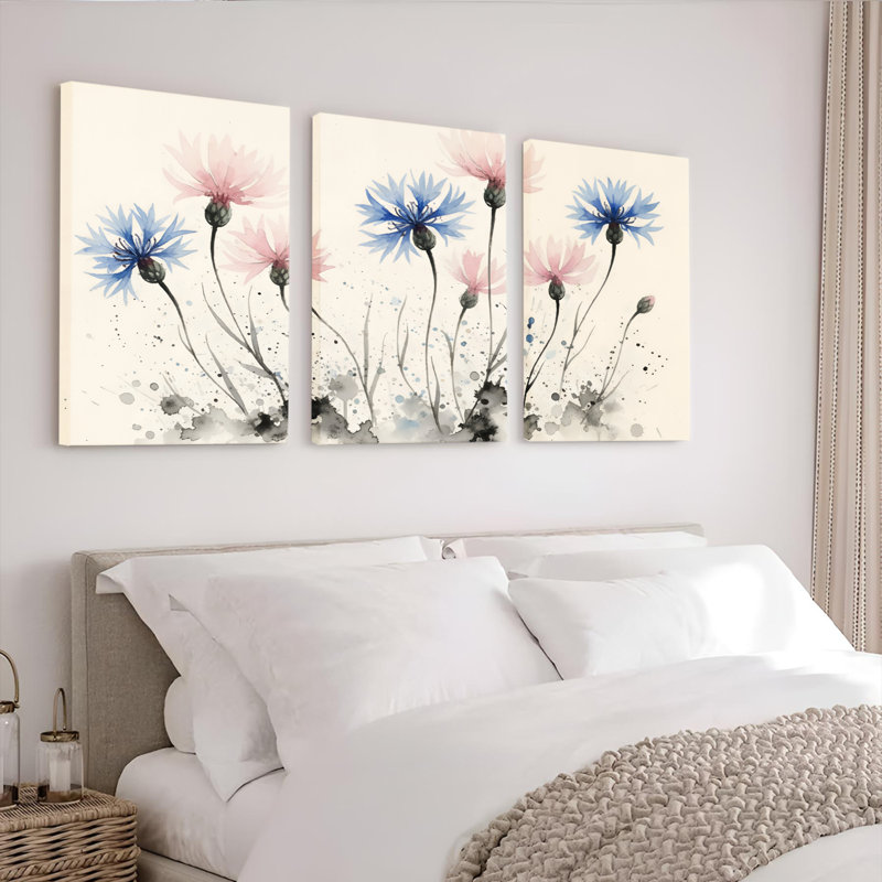 Aquarelle, impression sur toile, ensemble de 3 fleurs abstraites, H 24 po x l 48 po