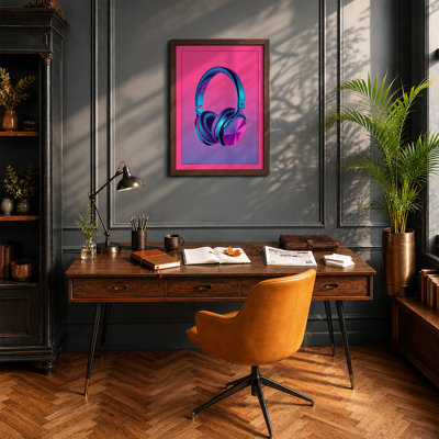 Neon Headphones Modern - Framed Print