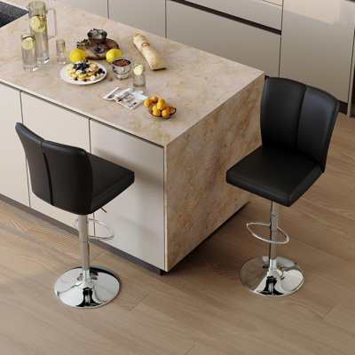 Modern Black PU Bar Stool Set - 2-Piece, featuring vertical and smooth-lined backrests with trumpet-shaped silver metal legs. Ideal for placement in bars, living rooms, lounges, and similar settings.