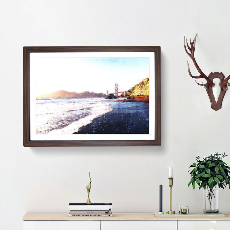 The Golden Gate Bridge in San Francisco - Picture Frame Painting Print, 24cm H x 33cm W x 2cm D, Walnut Framed