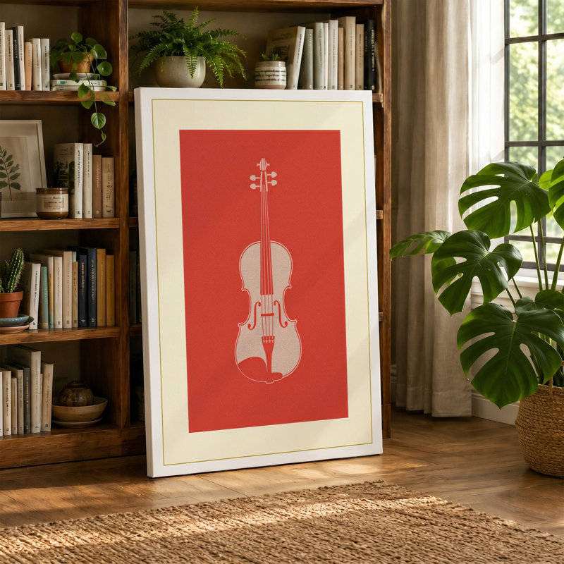Violin in Red Minimalist - Wrapped Canvas, 18x12 - 45.7 x 30.5 cm, Ochre Border