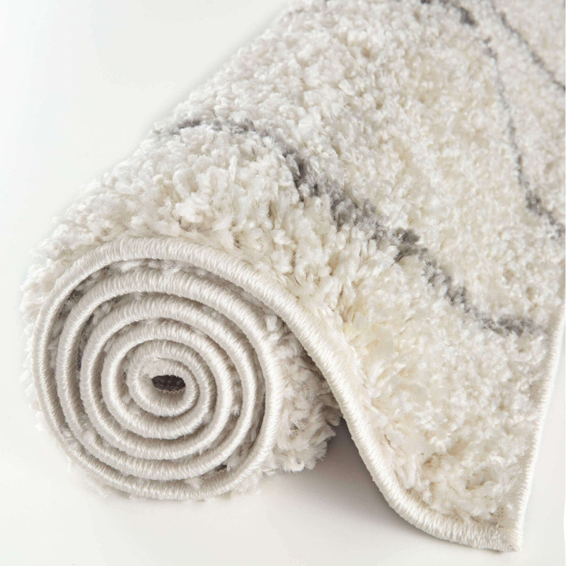 Moroccan Shaggy Collection Rugs Boho Design in Ivory/Grey, Runner 80 x 300cm