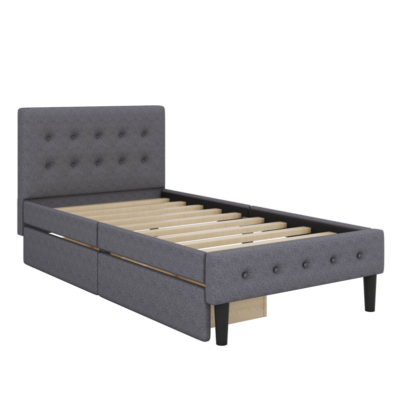 Lit plateforme tapissier simple avec 2 tiroirs, Gris