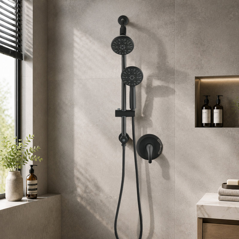 Système de douche avec pomme de douche à main à 7 réglages, robinet de douche avec valve en noir mat
