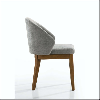 Barrel-Back Upholstered Dining Chair with Walnut Wood Legs and Light Gray Fabric