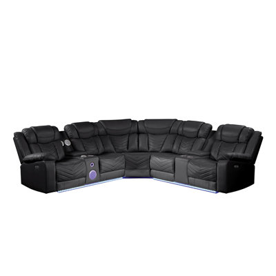 CHALLENGER Modern Style Recliner Sectional Sofa, Built In USB-C Ports & Bluetooth, Made With Wood & Faux Leather In Black(NJ INVENTORY)