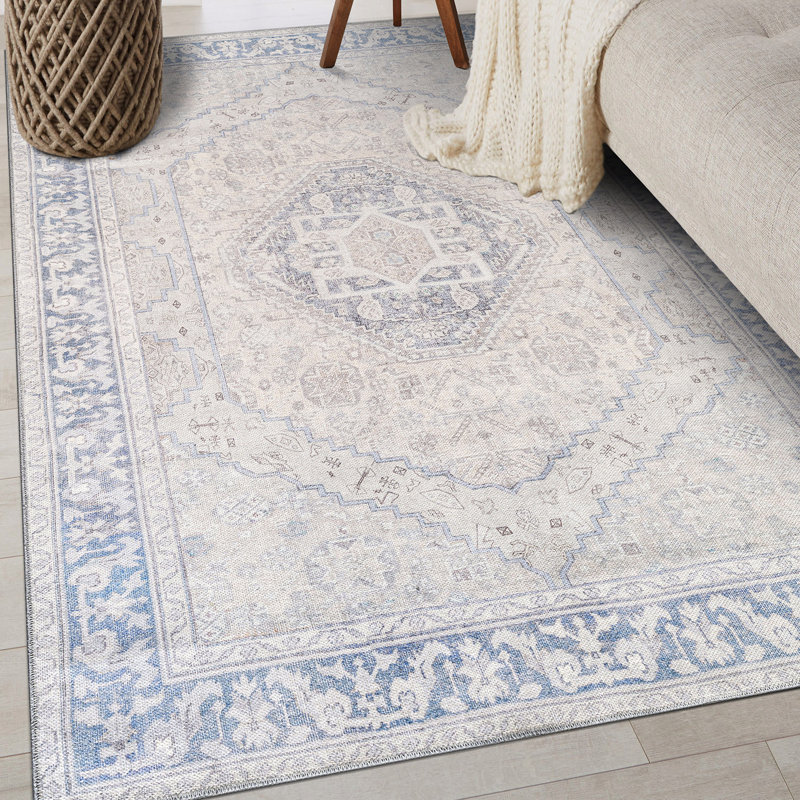 Tapis bleu tissé à plat lavable Valora avec envers antidérapant, Rectangle 4' x 6'