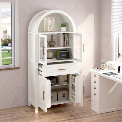 Armoire garde-manger de 71 po de hauteur arquée avec porte vitrée, armoire de rangement Farmhouse avec tablettes réglables et porte de grange pour la cuisine, le salon et la salle à manger, blanc