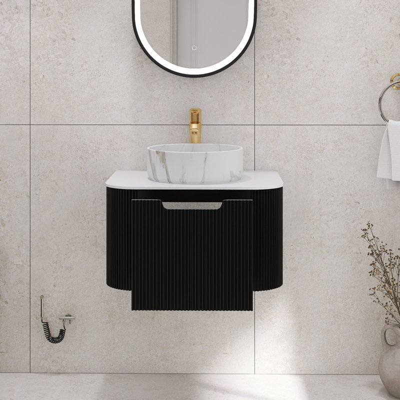 Meuble-lavabo mural rayé avec rebords incurvés pré-assemblés avec lavabo, Noir, 24"