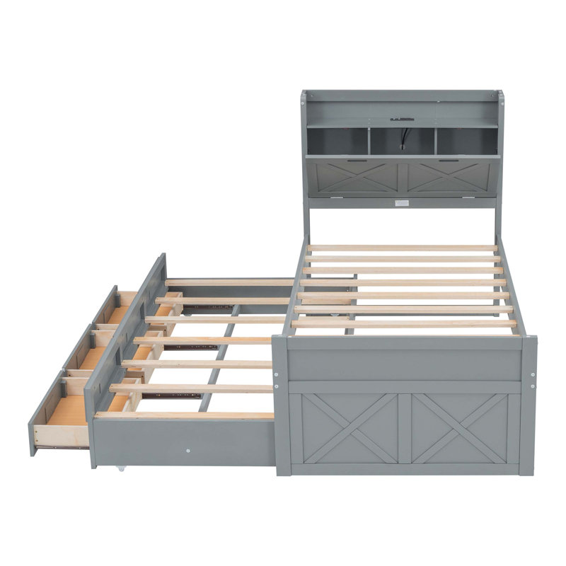 Fonctionnalité Lit en bois avec rangement - tête de lit et prises de courant équipées, parfait pour un repos confortable et de l'espace - Sauver la vie