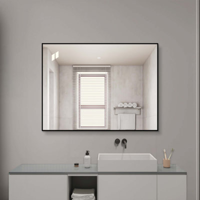Miroir de salle de bain à cadre en aluminium, miroir mural argenté HD sans cuivre, miroir de courtoisie à suspendre horizontalement et verticalement pour salle de bain, entrée et dressing.