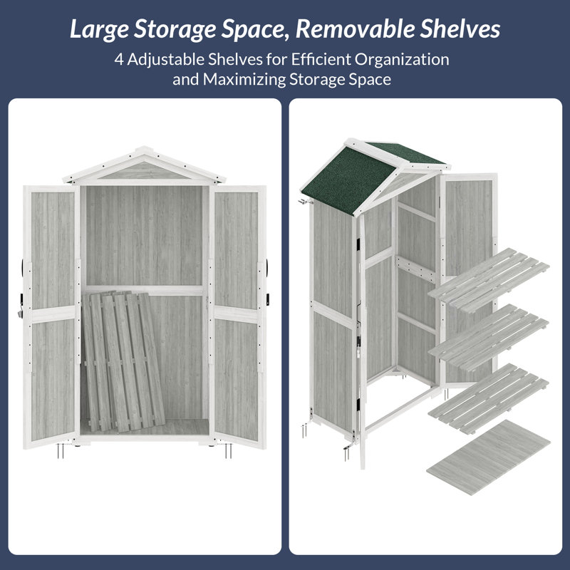 Gray and White Wooden Outdoor Storage Shed with Shelves