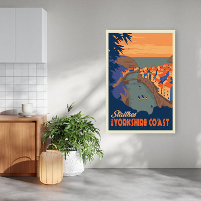 Staithes, Yorkshire, vue côtière, affiche murale abstraite rétro vintage représentant un paysage côtier