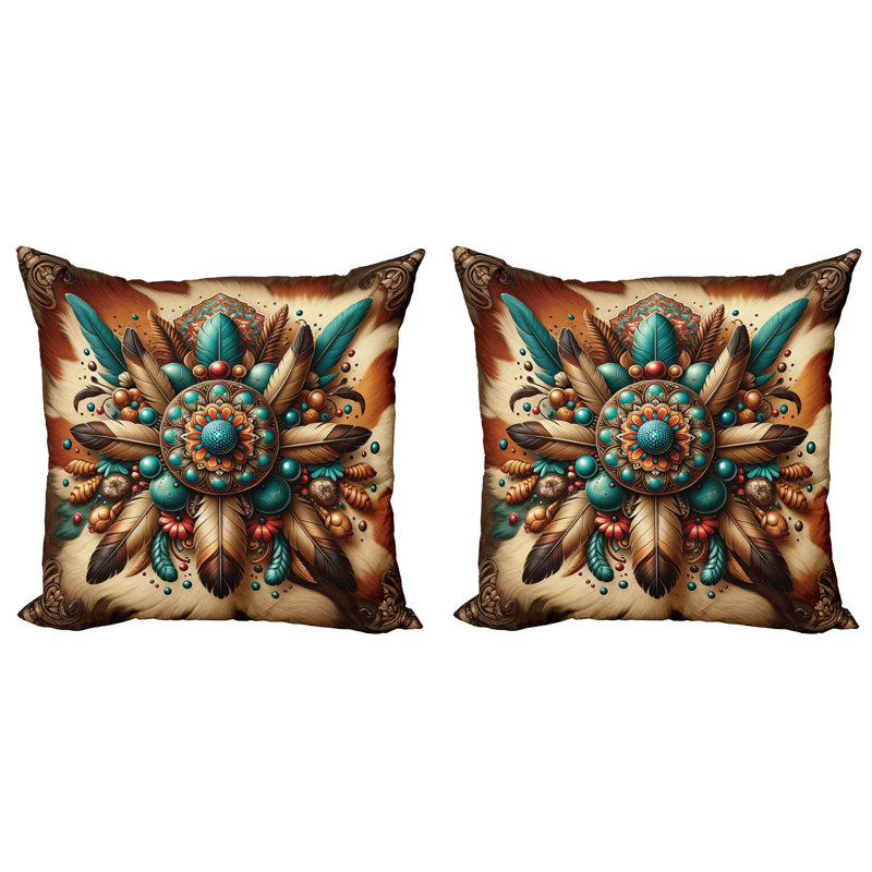 429805_Ambesonne Housse de coussin rustique 2Pack Boho Earthy Feathers Mandala, H 16 po x l 16 po