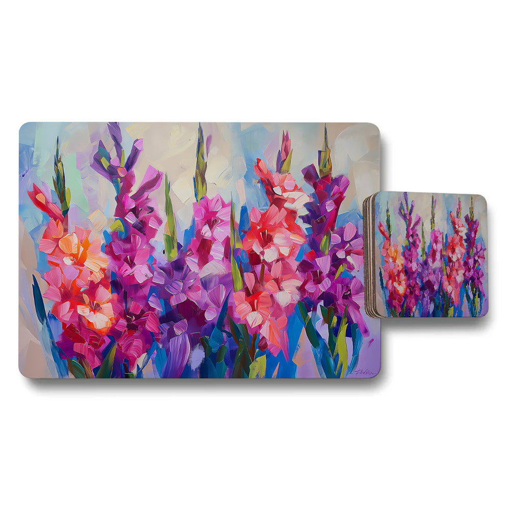 Abstract Floral Placemat And Coaster Set With Bright Purple Pink Flowers