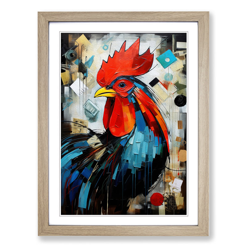 Rooster Dadaism No.3 - Single Picture Frame Print on Wood, 46cm H x 34cm W x 2cm D, Oak