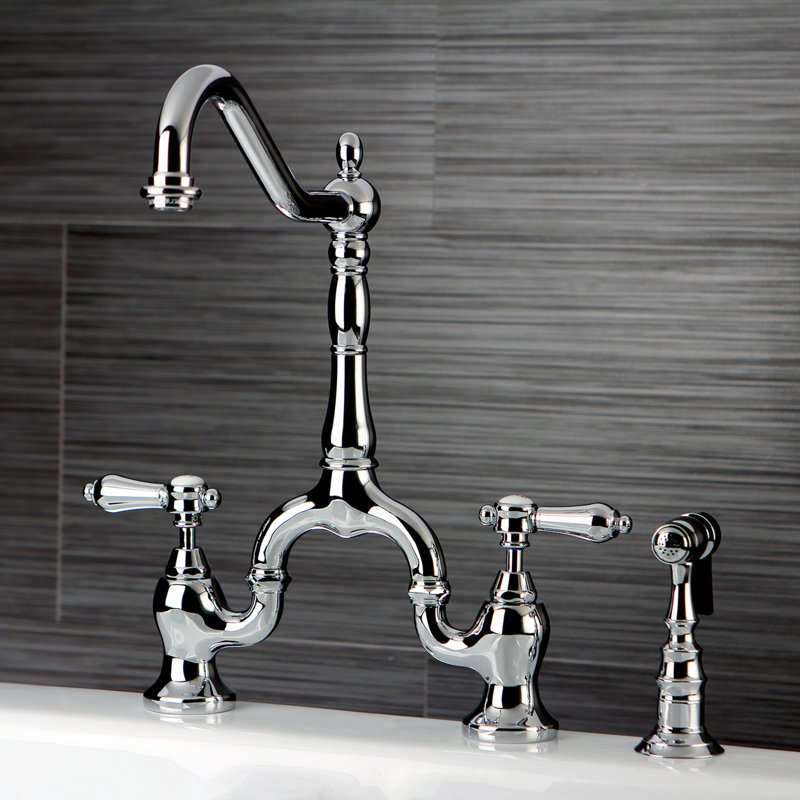 Kingston Brass Heirloom Two-Handle 3-Hole Deck Mount Bridge Kitchen Faucet with Brass Side Sprayer, Polished Chrome