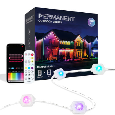 Lumières d'extérieur fixes 100 pi, lumières de toit à DEL intelligentes avec application et télécommande, 16 lumières de synchro de musique de 16 millions de couleurs, guirlandes de lumières IP67 imperméables toute l'année pour les maisons, le patio, les fêtes, la décoration de Noël d'Halloween
