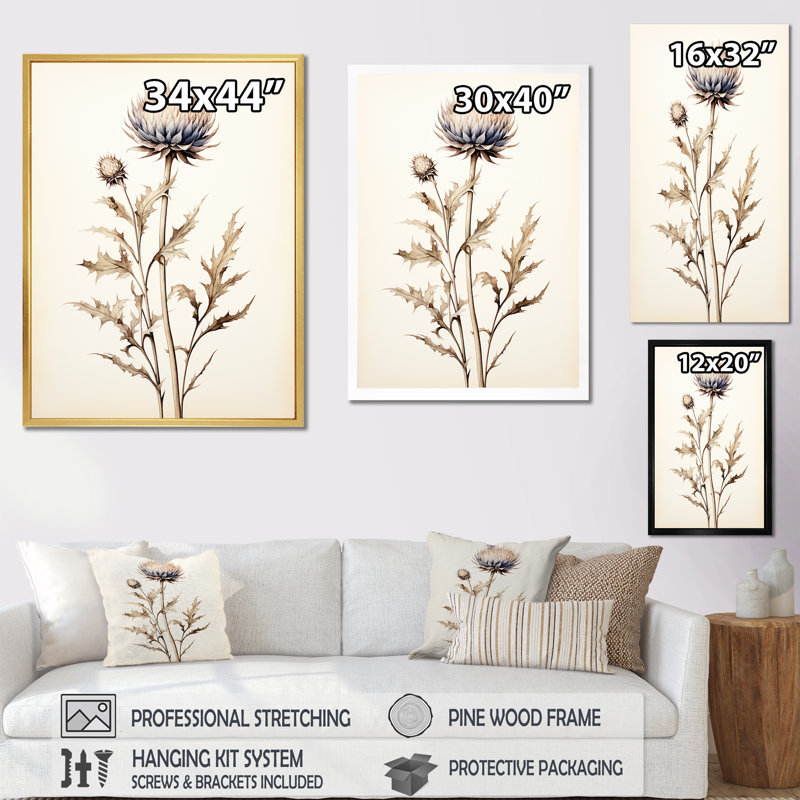 " Beige Thistle Flower Stillness I ", Black Single Picture Framed, 20" H x 12" W
