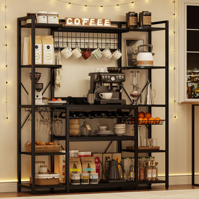 62 Inch Wide Bakers Rack With Large Storage And Power Outlet, Kitchen Bakers Rack With Wine Rack, Wire Basket And Hooks, Coffee Bar For Kitchen, Living Room