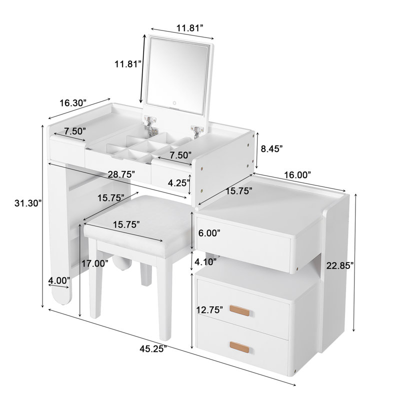 Meuble-lavabo 3 en 1 avec miroir rabattable, éclairage à DEL, longueur réglable et grands tiroirs, Blanc
