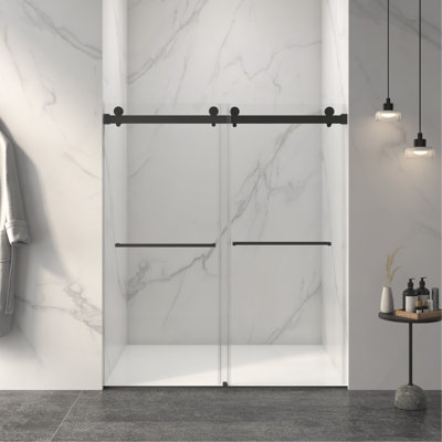 56-60"W x 70"H Frameless Double Sliding Shower Door,5/16" (8mm) Thick SGCC Tempered Clear Glass,Double Side Easy Clean Coat, Matte Black Finished With Buffer