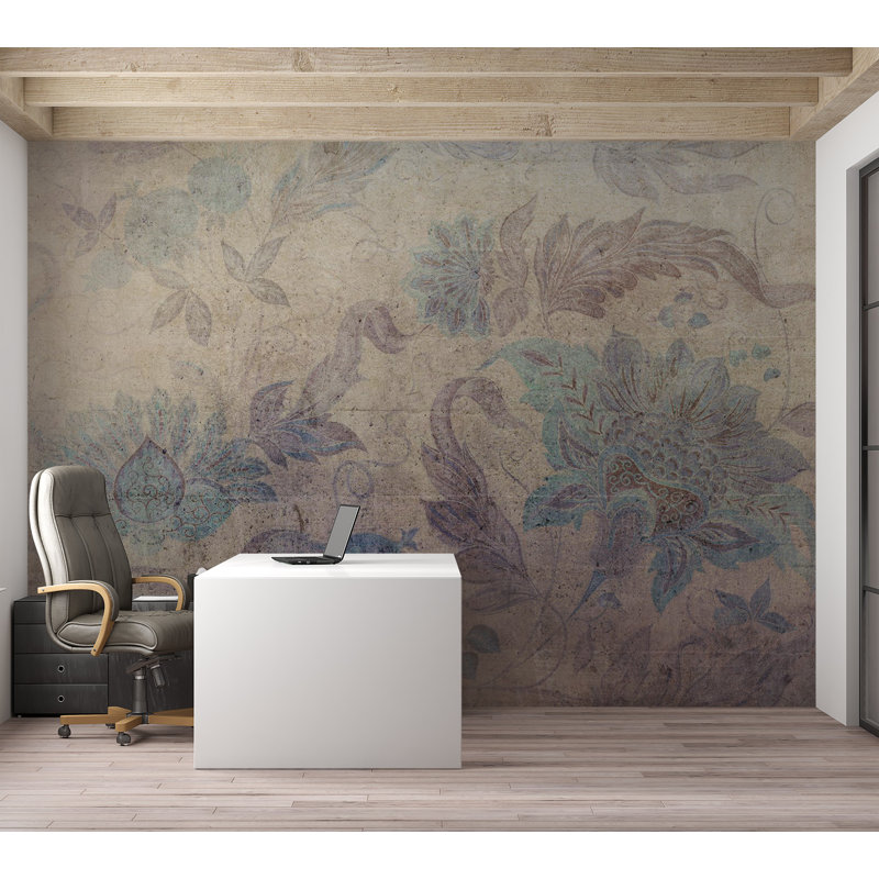 Papier peint botanique - Décorations florales style rétro, L 124 po x l 177 po