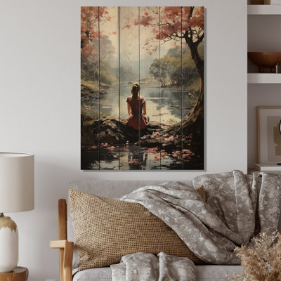 Méditation rose, brun, sérénité dans la nature - reproduction de portrait sur bois de pin naturel
