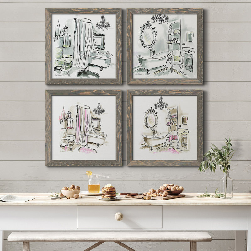 «Opulent Bath I», ensemble de 4 peintures sur toile encadrées, H 17 po x l 34 po x P 1,5 po, Toile avec cadre gris