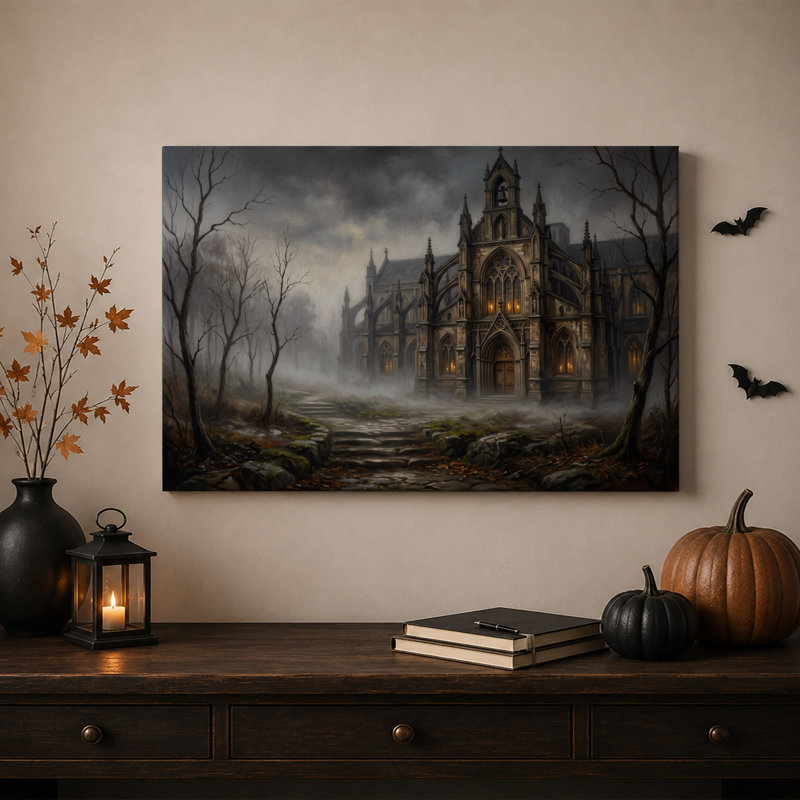 Cathédrale gothique aux vitraux dans une toile murale brumeuse d'Halloween, H 18 po x l 24 po