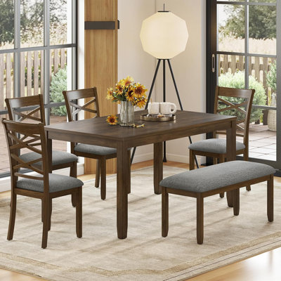 6-Piece Solid Wood Dining Table Set, Includes 1 Dining Table, 4 Upholstered Chairs And 1 Bench, For Dining Room, Kitchen, Restaurant