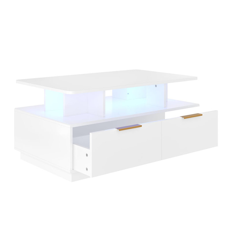 Table basse à DEL, table centrale moderne à 2 niveaux avec lumières changeantes de couleur, télécommande, 4 tiroirs et tablette pour le salon, blanc