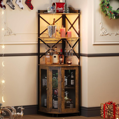 JKsmart Corner Bar Cabinet with LED Lights, 5-Tier Industrial Wine Bar Cabinet with Glass Holder, Farmhouse Liquor Cabinets with Shelf and Door, Home Bar for Coffee Bars, Rustic Brown