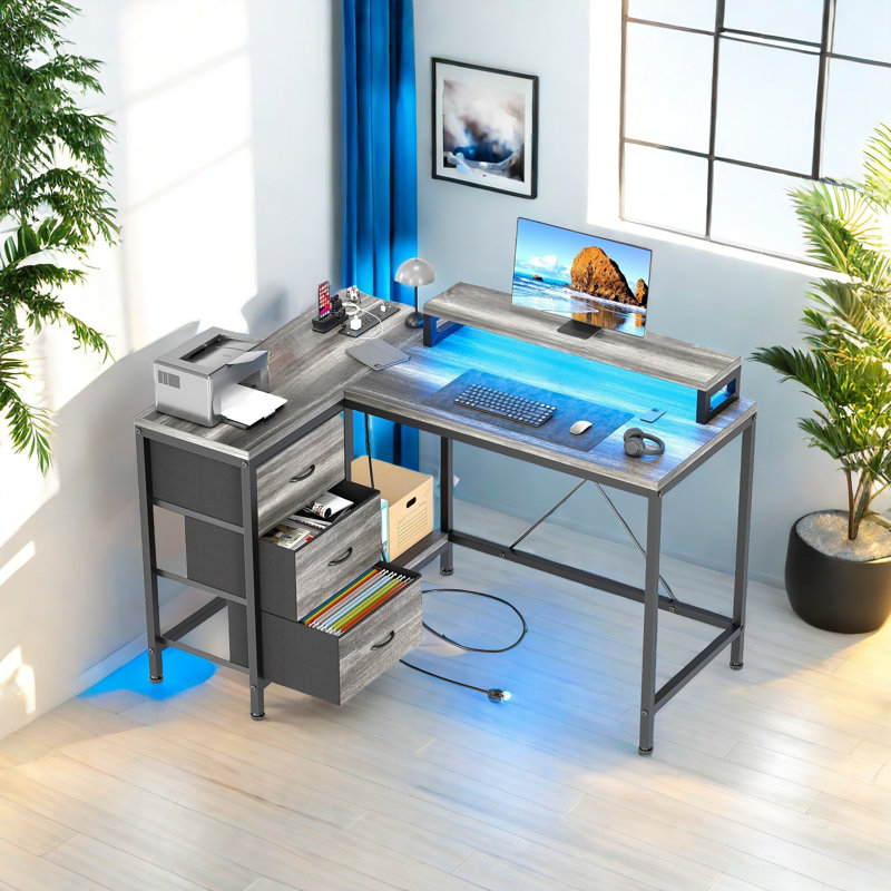 L-Shaped Metal Base Computer Desk, Grey/Black