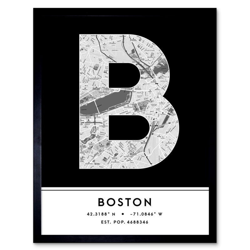 Boston City Map Boston Black & White - Single Picture Frame Typography