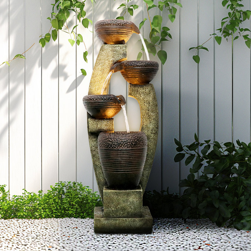 Fountains | 40" Modern 4-Tier, LED Lights, for Garden Patio Porch Indoor, Walnut Brown Slate Gray | Tiered Fountain | Resin