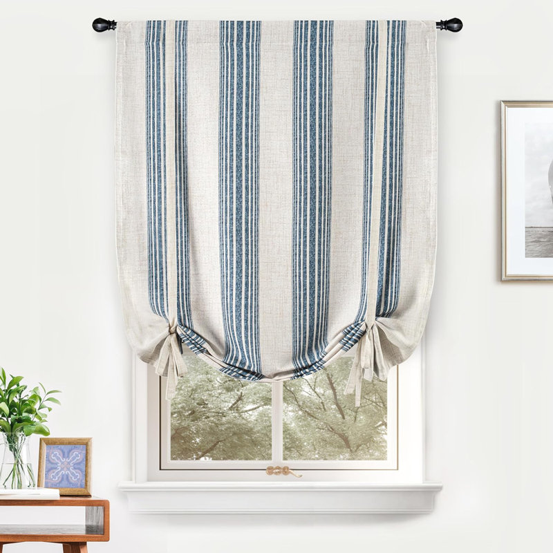 Chris Double Layer Linen Blackout Tie Up Curtains Thermal Insulated Fully Lined Vertical Striped Balloon Roman Shade Bathroom Window Adjustable Rod Pocket