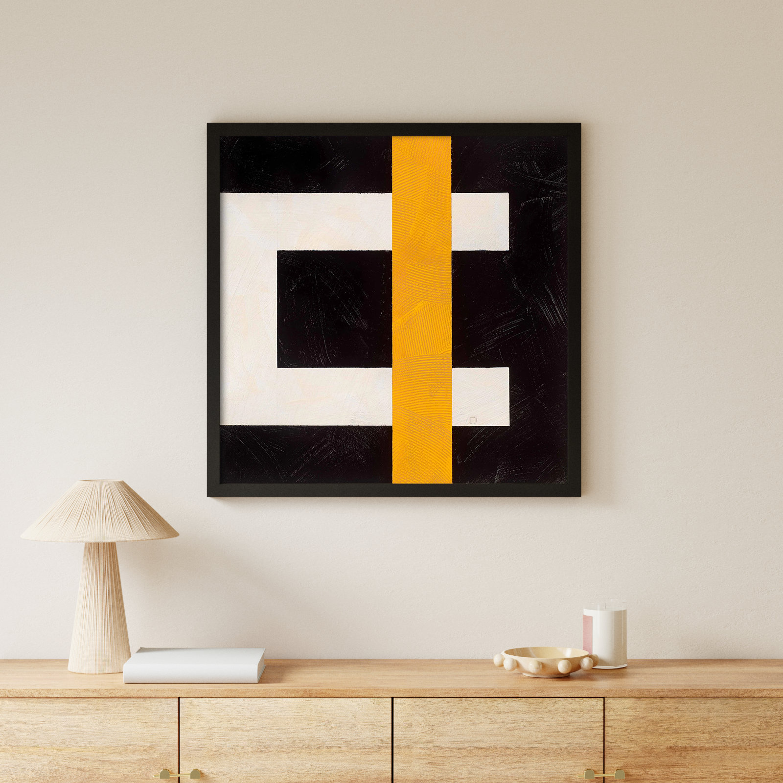 Composition With Yellow 3 by Robert Kamnatnik, Black Framed Paper, 36" H x 36" W x 1.25" D