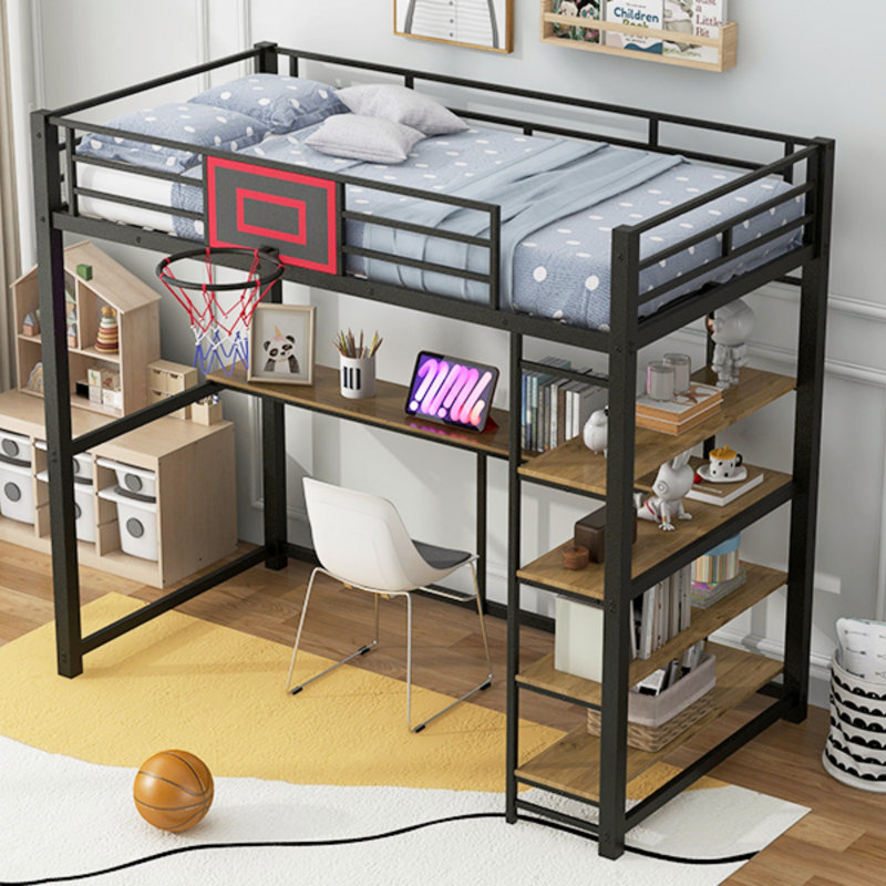 Metal Loft Bed With Shelves, Desk And Basketball Hoop