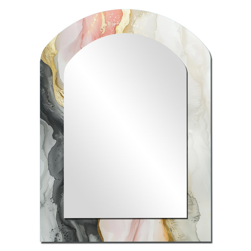 Celestial Pink Balance Of Sinai Pearl Marble III - Transitional Asymmetrical Mirror, Gold Arch Decorative Wall Mirror, Printed Metal Art