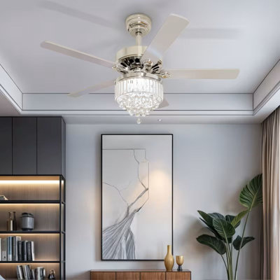 Ventilateur de plafond lustre 52 pouces avec lumière et télécommande, ventilateur en cristal avec moteur 6 vitesses et réversible, argent, pour l'intérieur