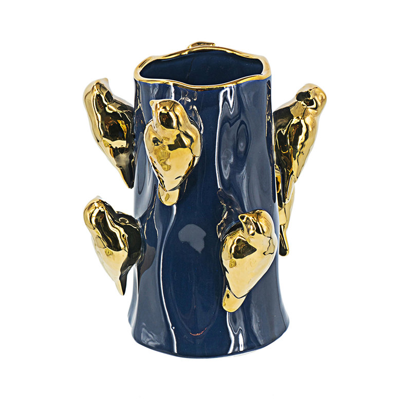 Ceramic Tree Branch Vase With Gold Bird Accents, 9.5" H x 8.7" W x 8.7" D