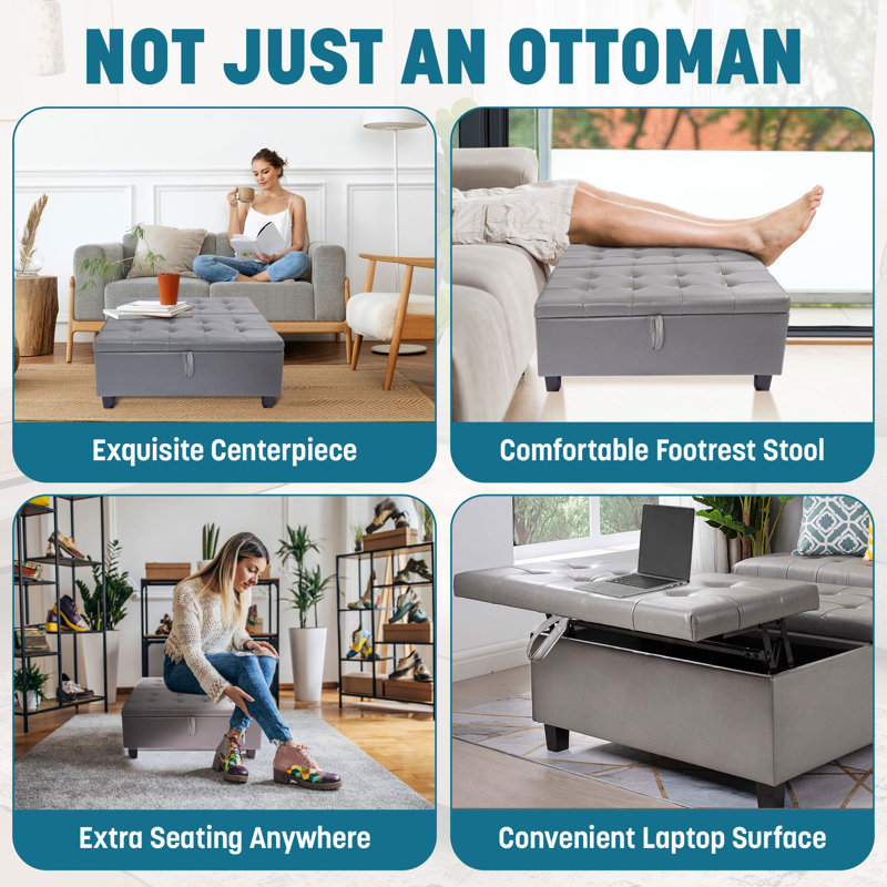 Strunk Vegan 35.4" Wide Air Leather Button Tufted Upholstered Lift-Top Large Ottoman Square Storage Bench, Gray Faux Leather