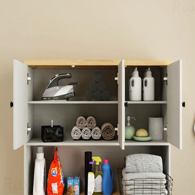 Over The Washer Dryer And Robot Vacuum Storage Organizer Cabinet Suitable For Compact Washing Machines Laundry Room Storage Organizer With 1 Laundry Basket 1 Drawer And 2 Adjustable Shelves-Antique White