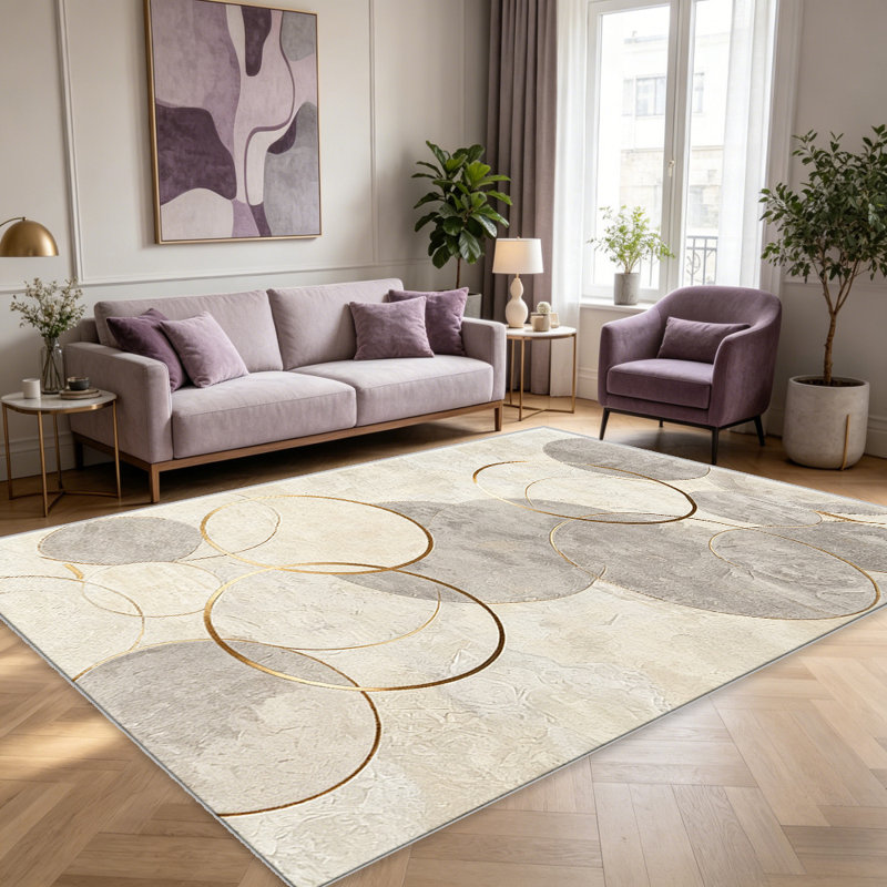 Beige & Gold Circular Abstract area rugs for Living Room, Soft and Comfortable, Suitable for all seasons, easy to maintain, machine washable Indoor floor mat, Under Table Farmhouse suitable for Bedroom, Dining Room, Study, Patio, Balcony, Home Decor