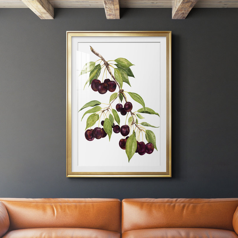 Watercolor Cherries, reproduction encadrée de qualité supérieure - prête à être accrochée, Cadre doré