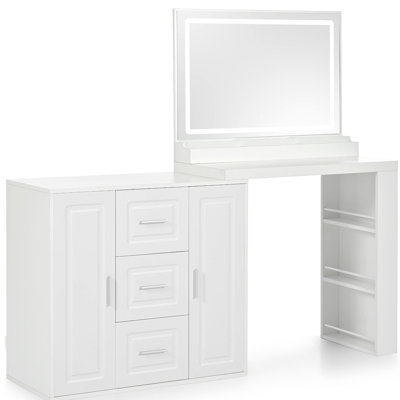 59" Makeup Vanity Desk With Mirror, Vanity Mirror With Lights, Dressing Table With 3 Drawers And 2 Cabinets, Vanity Table With Storage Shelves For Bedroom, White